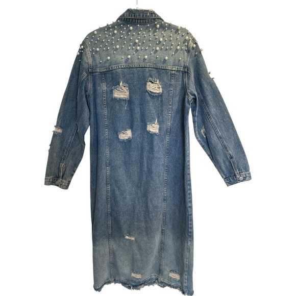 Veveret NWOT Elegant Long Denim Jacket with Pearl Accents - Picture 9 of 15